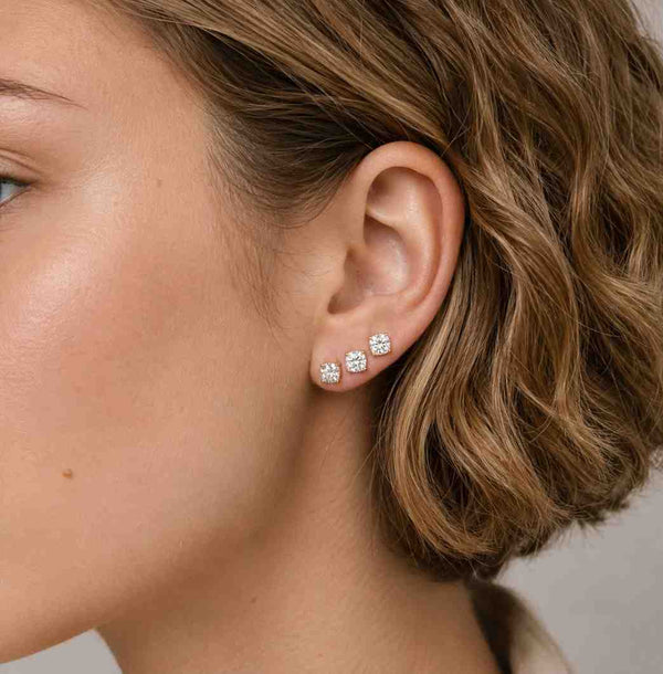 7MM Cushion Cut Moissanite Stud Earrings, Hidden Halo 925 Sterling Silver, Four Prong Solitaire Jewelry, Gift for Her
