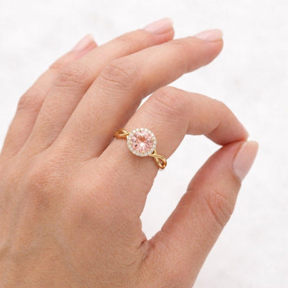 Round  cut pink morganite engagement ring Moissanite cluster ring Solid gold bridal ring Half-eternity ring Anniversary gifts Wedding jewelry