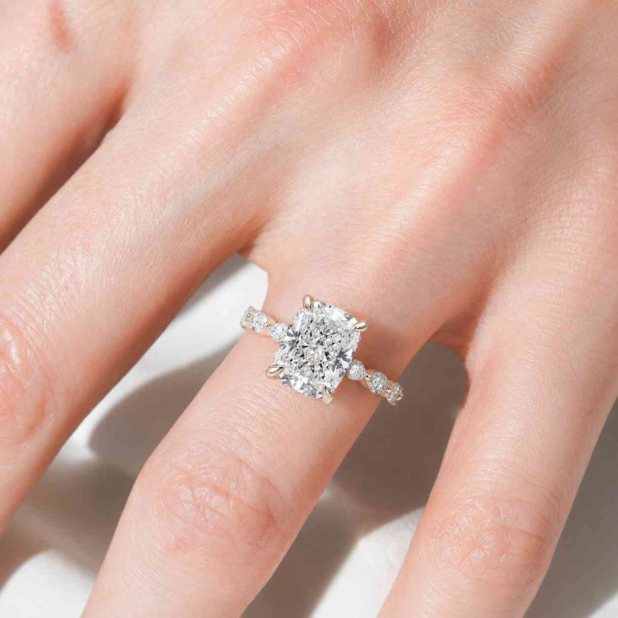 cushion cut lab diamond solitaire accent ring, ef-vs clarity lab diamond claw prong set ring, 14k white gold ring, engagement ring for her
