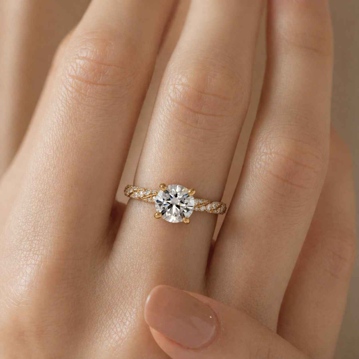 round diamond engagement ring brilliant cut diamond wedding ring lab grown diamond ring twisted band ring pave set anniversary ring for wife