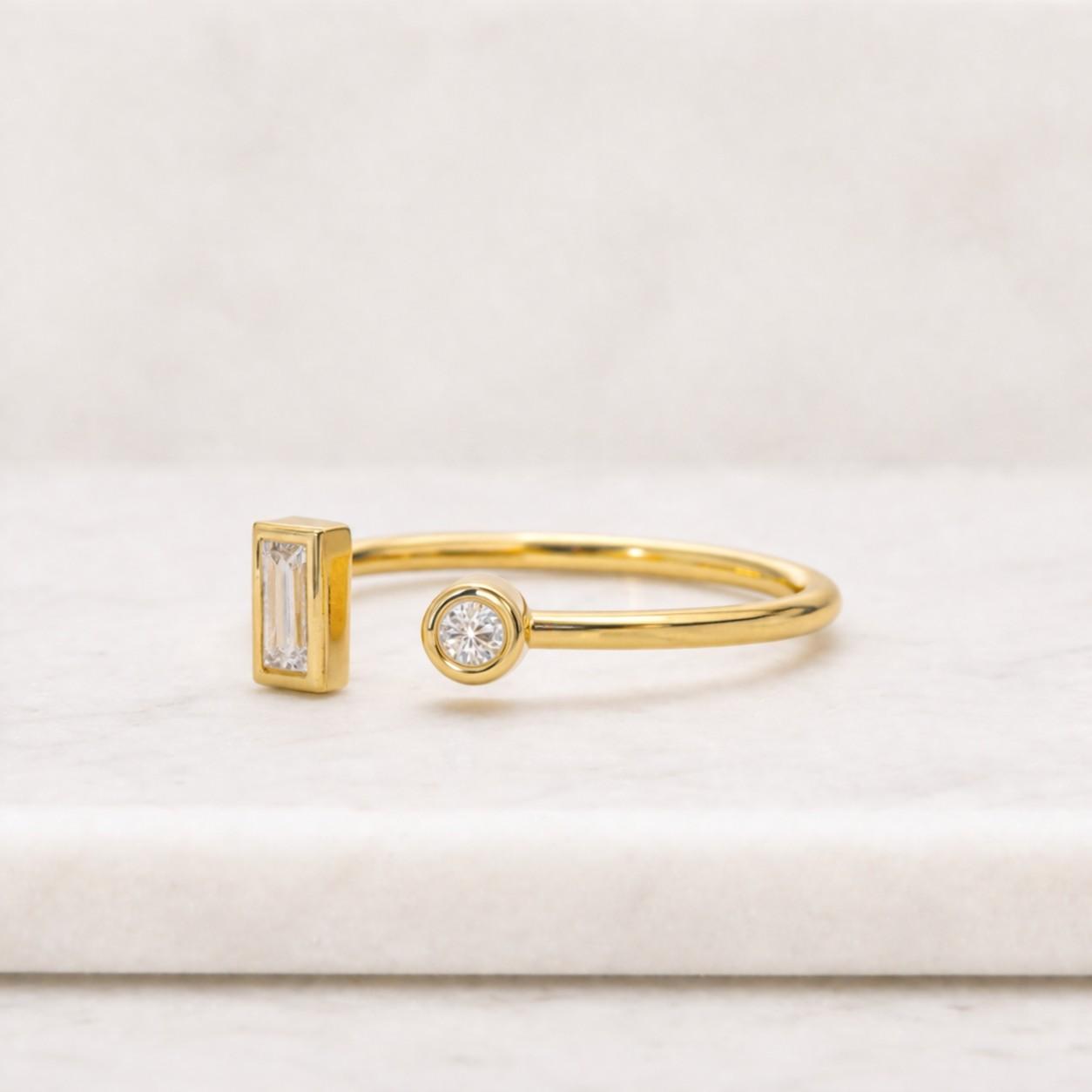 cuff diamond ring / baguette and round ring / open diamond ring / 14k,18k yellow gold cuff ring / cuff ring / midi diamond ring
