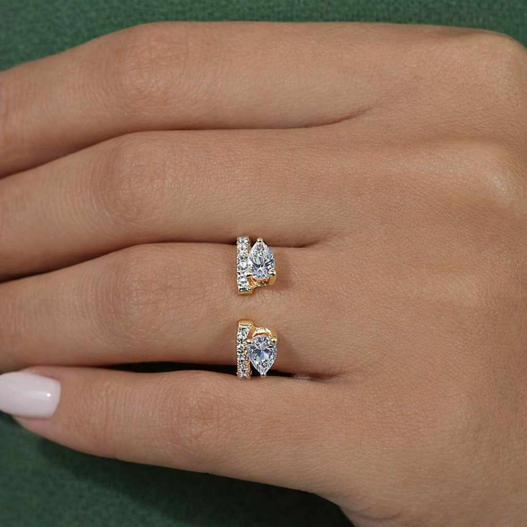 14k gold pear moissanite diamond pave stacking band vintage matching open cuff wedding band three stone ring enhancer bridal ring set
