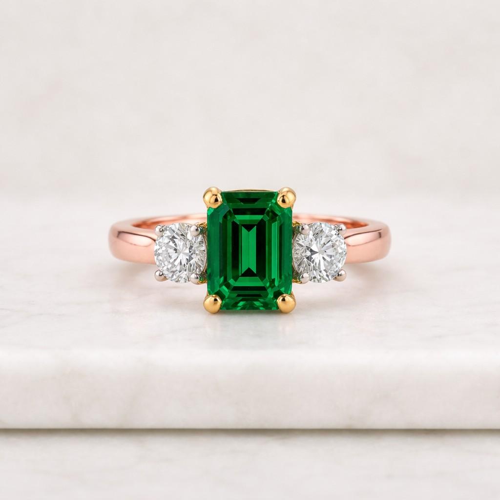 lab grown emerald engagement ring, solid gold three stone ring, gift for her, rs-0418-u1-b