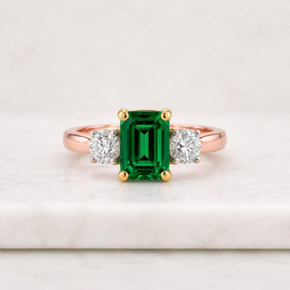 Lab Grown Emerald Engagement Ring, Solid Gold Three Stone Ring, Gift for Her, RS-0418-U1-B