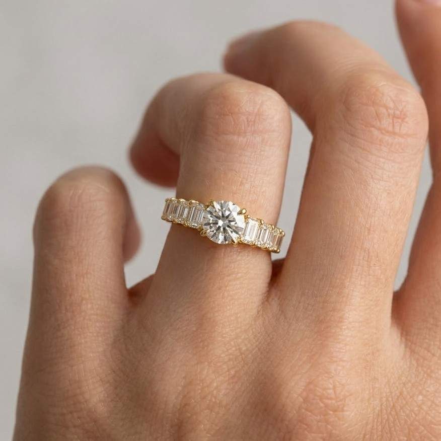 round diamond engagement ring with emerald cut side stones 14k yellow gold wedding ring luxury bridal ring for women

