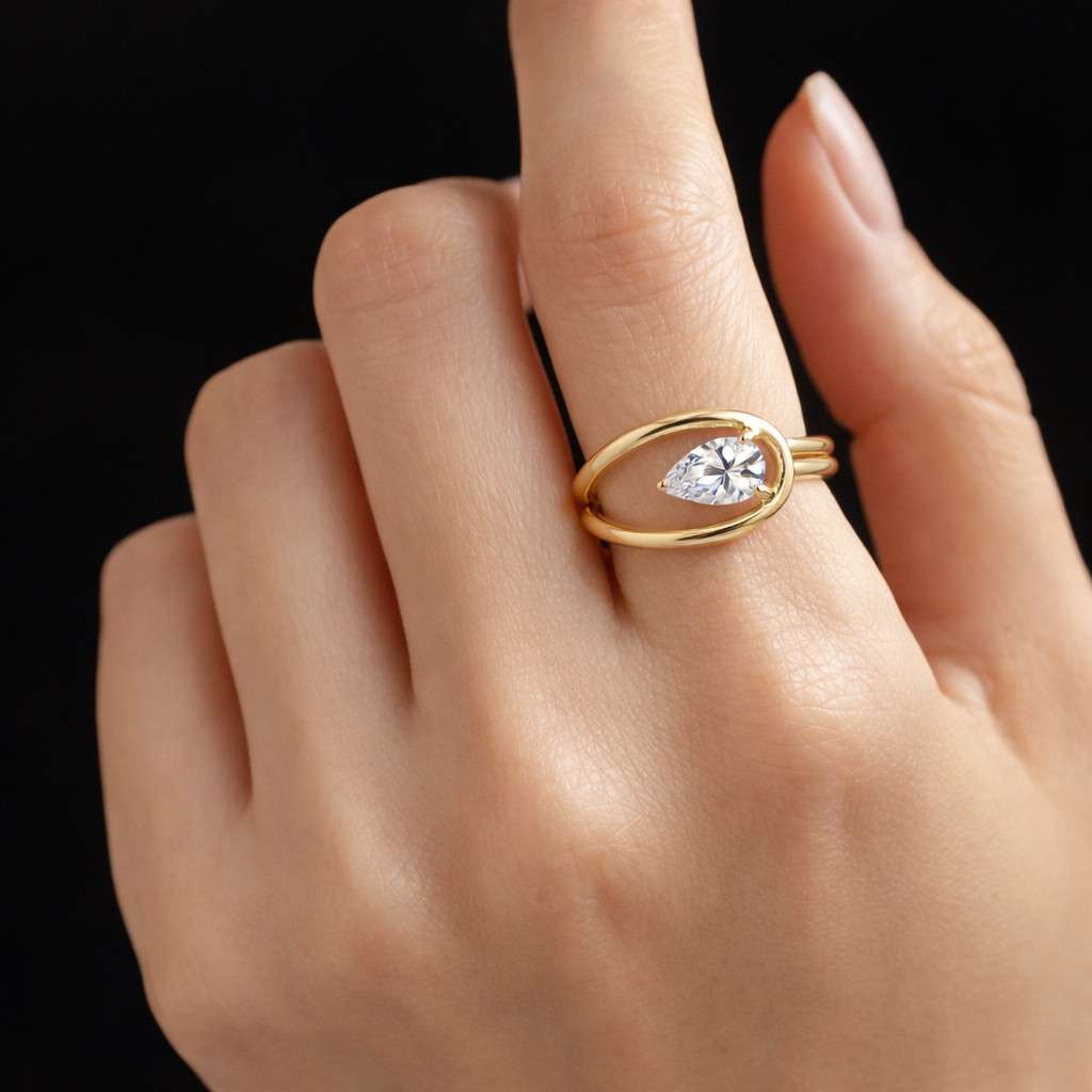 East West Pear Dainty Gold Ring | Minimalist Bypass Teardrop Ring | PVD Gold Plated Stainless Steel Ring | Slim Cubic Zirconia Ring
