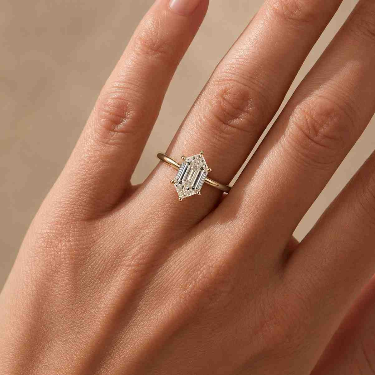 Hexagon Step Cut Lab Grown Diamond Engagement Ring, 14K Yellow Gold Solitaire Bridal Ring

