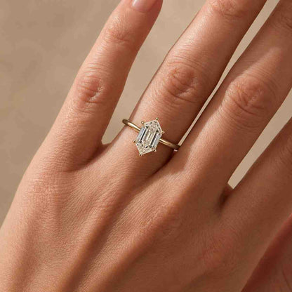 Hexagon Step Cut Lab Grown Diamond Engagement Ring, 14K Yellow Gold Solitaire Bridal Ring
