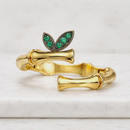 14K Gold Emerald Leaf Bamboo Open Ring Adjustable Ring