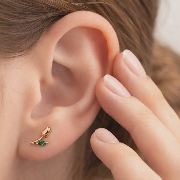 emerald gold stud earrings marquise green gemstone floral tulip design small dainty earrings for women minimalist gold jewelry gift for birthday anniversary emerald stud earrings everyday style