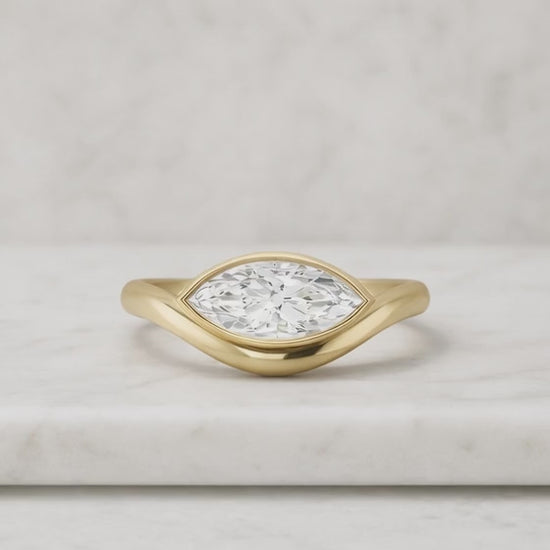 Marquise Lab Grown Diamond Engagement Ring: 18K Yellow Gold Half Bezel Solitaire
