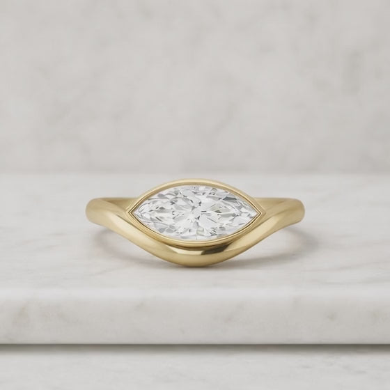 Marquise Lab Grown Diamond Engagement Ring: 18K Yellow Gold Half Bezel Solitaire
