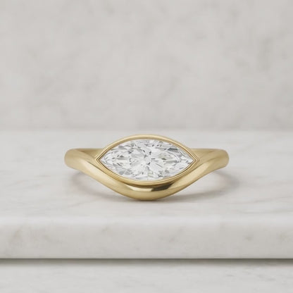 Marquise Lab Grown Diamond Engagement Ring: 18K Yellow Gold Half Bezel Solitaire
