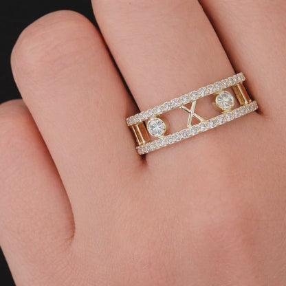 Diamond Roman Numeral Ring by Sevgi Jewelry • 8mm Wide Available in 14k, 18k Gold and Platinum • Personalized Wedding or Anniversary Ring

