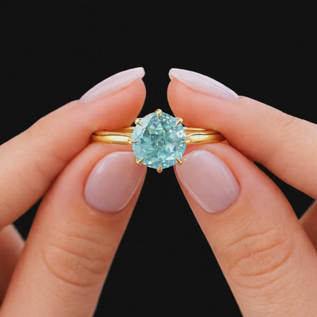 3.47 CT Unique Cyan Blue Round Diamond Ring with Prong Setting and Hidden Halo Ring, Awesome Prong Set Anniversary or Wedding Jewelry Gift
