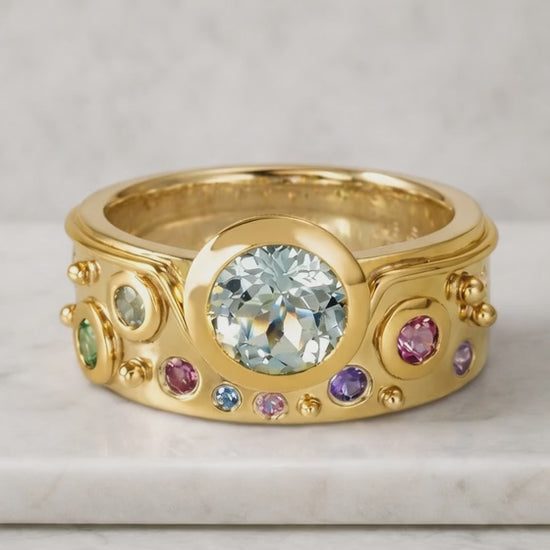 14K Yellow Gold Cigar Band Gift For Him, 14K Gold Birthstone Band, Bezel Set Solid Gold Cigar Band