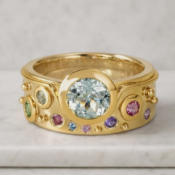 14K Yellow Gold Cigar Band Gift For Him, 14K Gold Birthstone Band, Bezel Set Solid Gold Cigar Band