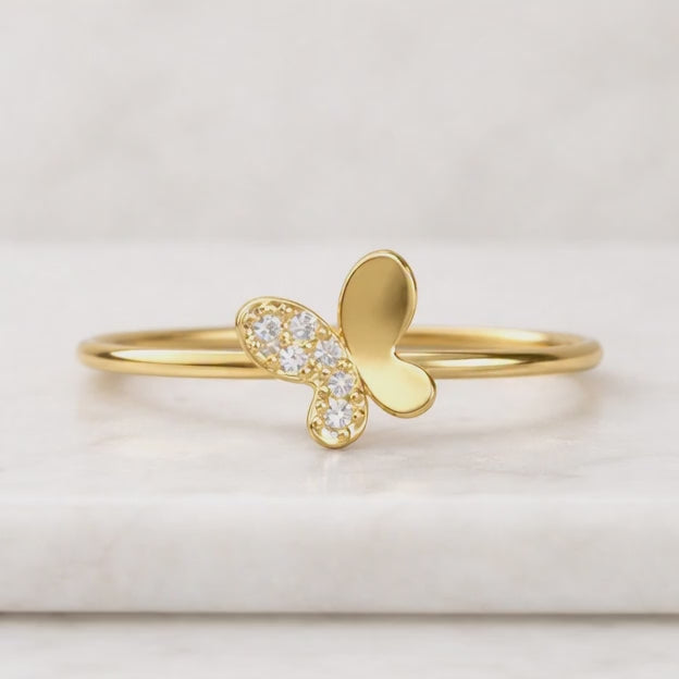 0.14Ct Round Diamond Butterfly Ring | Solid Gold Dainty Fine Jewelry For Women

