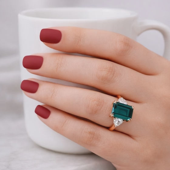 3CT Green Moissanite Emerald Cut Engagement Ring: 18K Gold Three Stone Anniversary Ring
