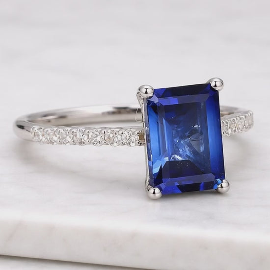 Blue Sapphire Engagement Ring Gold Ring 9x7 Emerald Cut Sapphire Ring Wedding Jewerly Diamond Band Promise Ring White Gold ring Emerald Ring
