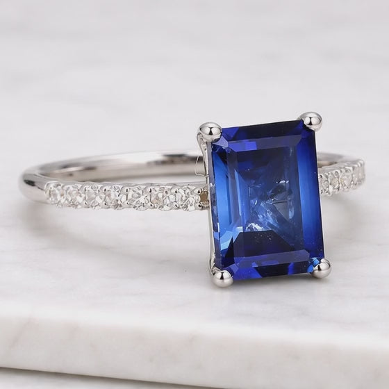 Blue Sapphire Engagement Ring Gold Ring 9x7 Emerald Cut Sapphire Ring Wedding Jewerly Diamond Band Promise Ring White Gold ring Emerald Ring
