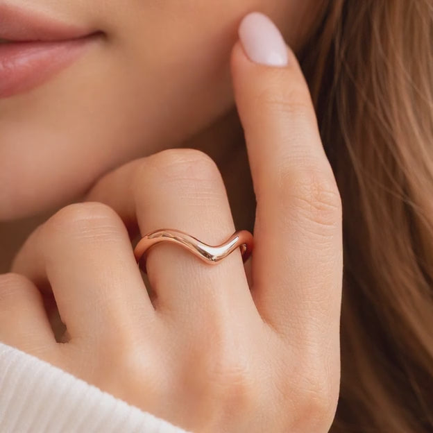 Curved Solid Gold Wedding Band, Minimalist Dainty Stacking Ring, Simple Matching Band

