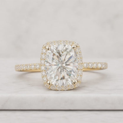 Elongated Cushion Cut Moissanite Engagement Ring, Halo Setting with Pave Band, 14k Yellow Gold Ring for Women, Personalized Anniversary Gift

