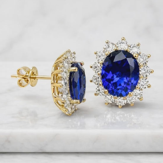Sapphire Halo Earrings Blue Sapphire Oval and Diamond 14k Solid White Gold Earrings September Birthstone Earrings Push Back Stud Earrings
