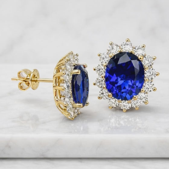 Sapphire Halo Earrings Blue Sapphire Oval and Diamond 14k Solid White Gold Earrings September Birthstone Earrings Push Back Stud Earrings
