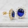 Sapphire Halo Earrings Blue Sapphire Oval and Diamond 14k Solid White Gold Earrings September Birthstone Earrings Push Back Stud Earrings
