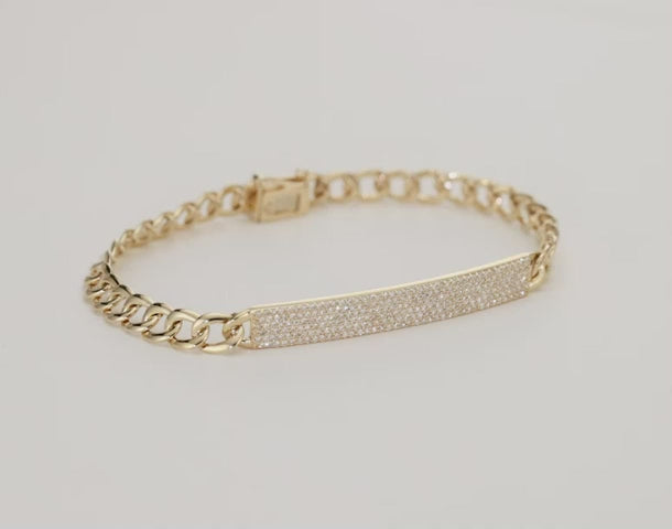 Solid Gold Curb Cain with Bezel Natural Diamonds, Beautiful for Wrist Stacking