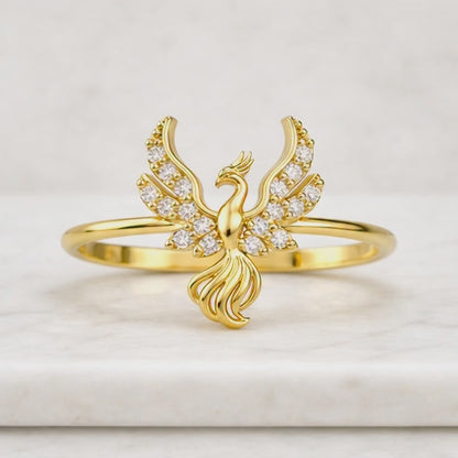 Natural Diamond Bird Ring, 14k Solid yellow Gold Phoenix Diamond Stackable Ring Minimalist Jewelry Graduation Gift / Gift For Her Daily Wear
