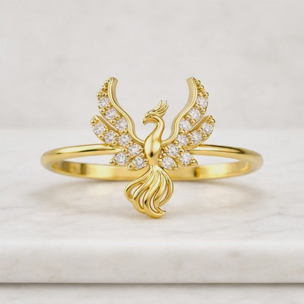 Natural Diamond Bird Ring, 14k Solid yellow Gold Phoenix Diamond Stackable Ring Minimalist Jewelry Graduation Gift / Gift For Her Daily Wear
