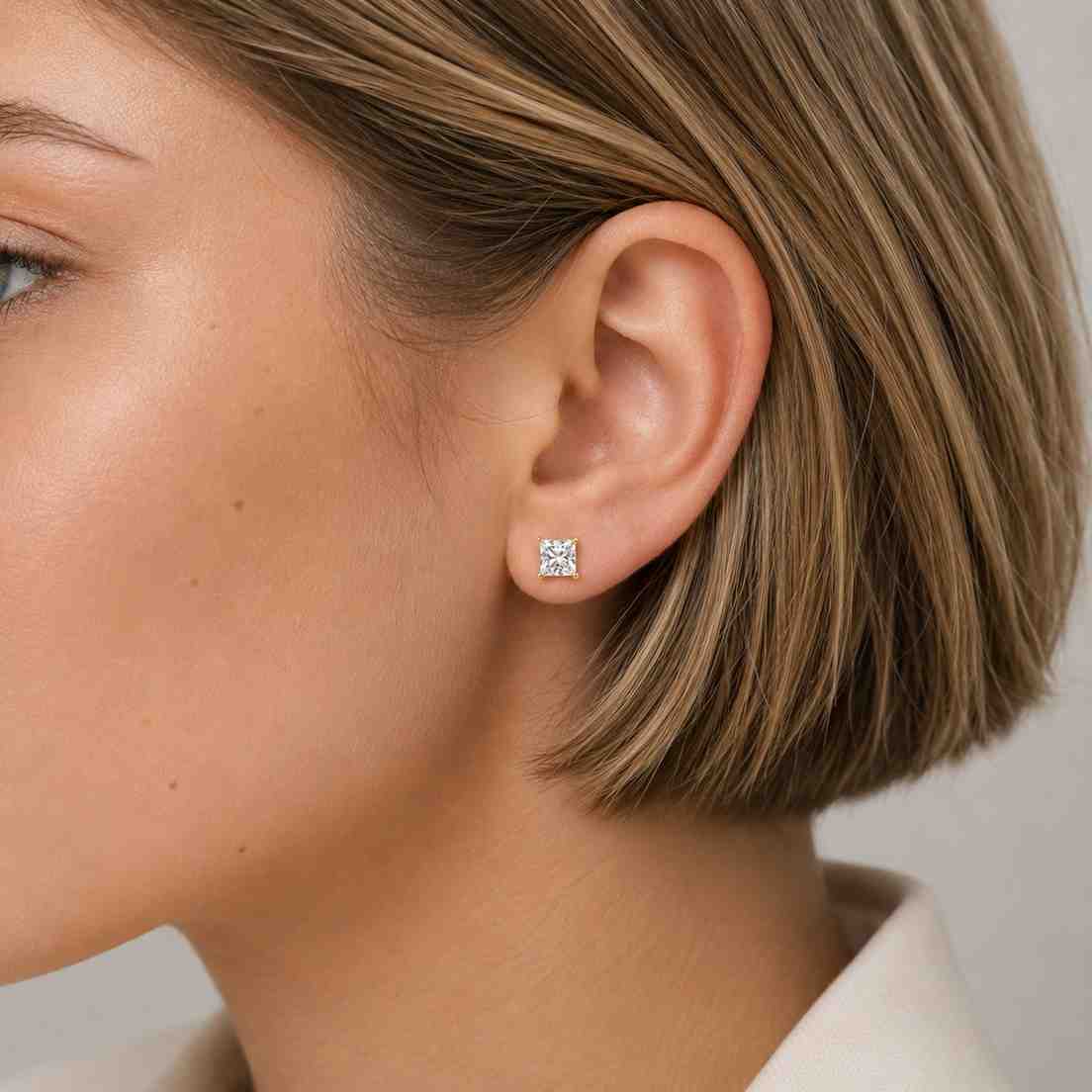 princess cut cvd diamond stud screw back stud for women, princess lab created solitaire stud wedding gift, lab grown square stud earrings
