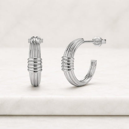 14k Gold Ribbed Hoops Earrings | Ribbed 15mm Earrings | Solid Gold Statement Earrings | Round Ribbed Huggies