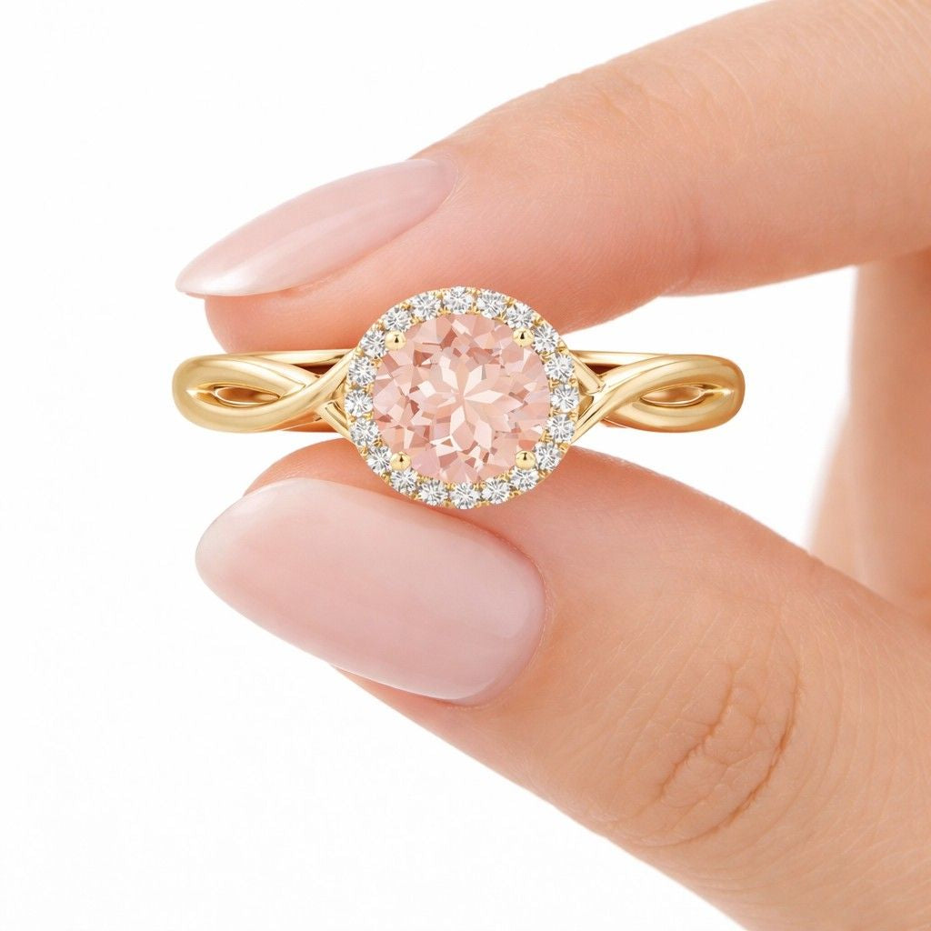 Morganite Engagement Ring Rose Gold, Round Cut Three Stone Ring, Twist Infinity Band, Moissanite Half Eternity Bridal Ring, Promise Ring