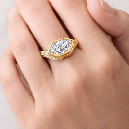 East West Hexagon Lab Grown Diamond Ring, Half Bezel Set Engagement Ring, 14K Gold Solitaire Wedding Ring, Modern Unique Bridal Jewelry Gift
