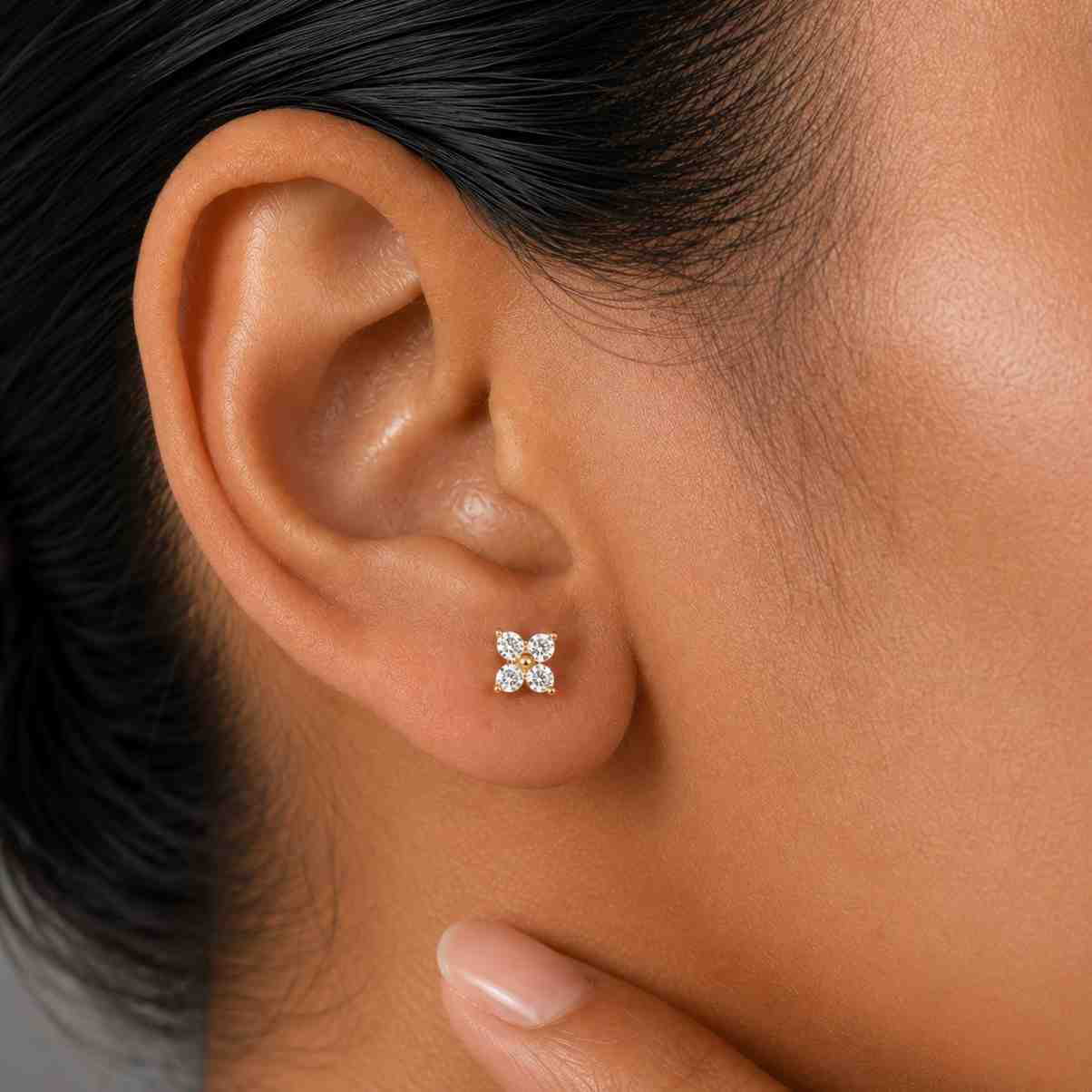 14k Gold Small Diamond Earrings, Clover Stud Earrings, Dainty Solid Gold Earrings, Dainty Diamond Studs, 14k Rose, White, Yellow Gold, Amy
