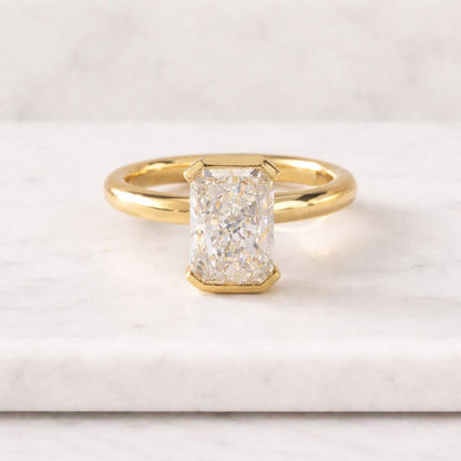 Radiant Cut Lab Grown Diamond Ring: 14K Gold Round and Baguette Cut Side Stone Engagement Ring, IGI Certified