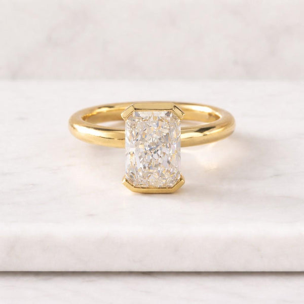 Radiant Cut Lab Grown Diamond Ring: 14K Gold Round and Baguette Cut Side Stone Engagement Ring, IGI Certified