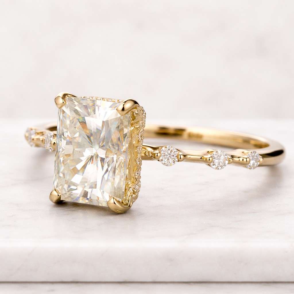 radiant diamond ring rectangular stone ring four prong ring basket setting ring pave band ring side stone ring anniversary ring