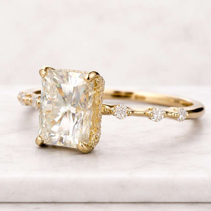 radiant diamond ring rectangular stone ring four prong ring basket setting ring pave band ring side stone ring anniversary ring
