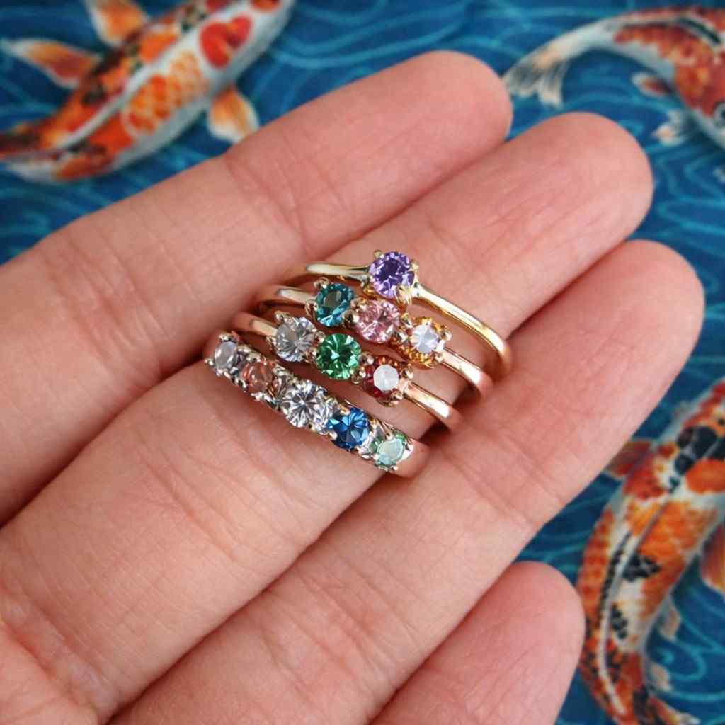 14k gold personalized birthstone ring: coloured gemstone family stacking ring