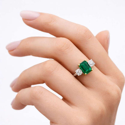8*11mm Emerald Cut Lab Created Emerald Ring Solid Yellow Gold Engagement Ring Moissanite Bridal Wedding Promise Ring May Birthstone Ring