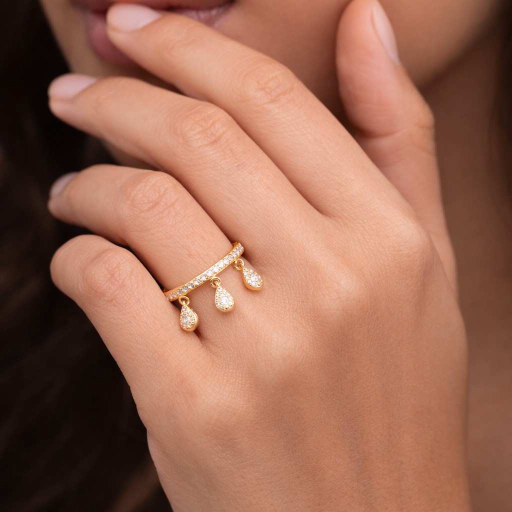 Pear & Round Cut Moissanite Engagement Ring, Elegant Curved Charm Ring, Dangling Diamond Stacking Charm Promise Ring, 14K Yellow Gold Ring