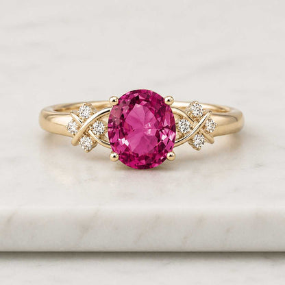 ring engagementring pinkring ovalring gemstone ringband goldring diamondaccent vinedesign naturering floralring leafring solitairering statementring womenring bridalring finejewelry handcrafted