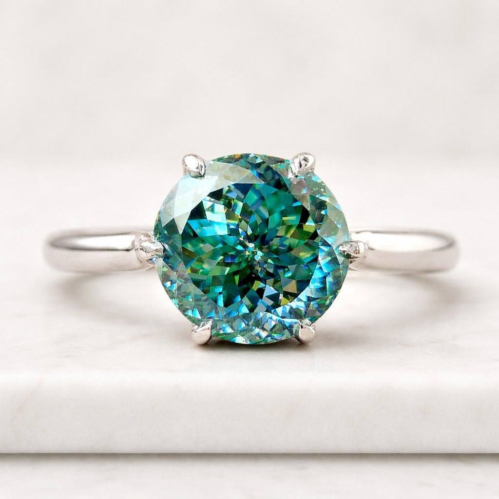 ready to ship, round cut green gemstone three stone ring, ef-vs clarity lab diamond accent ring, 14k white gold ring, trilogy ring for her
