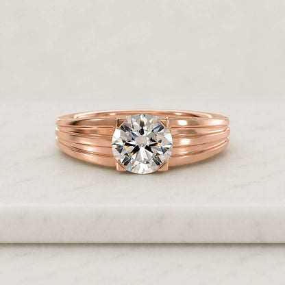 Brilliant Round Cut Lab Created Diamond Solitaire Textured Engagement Ring Unique Handmade Fine Jewelry In 14k Solid Gold Premium Women Ring
