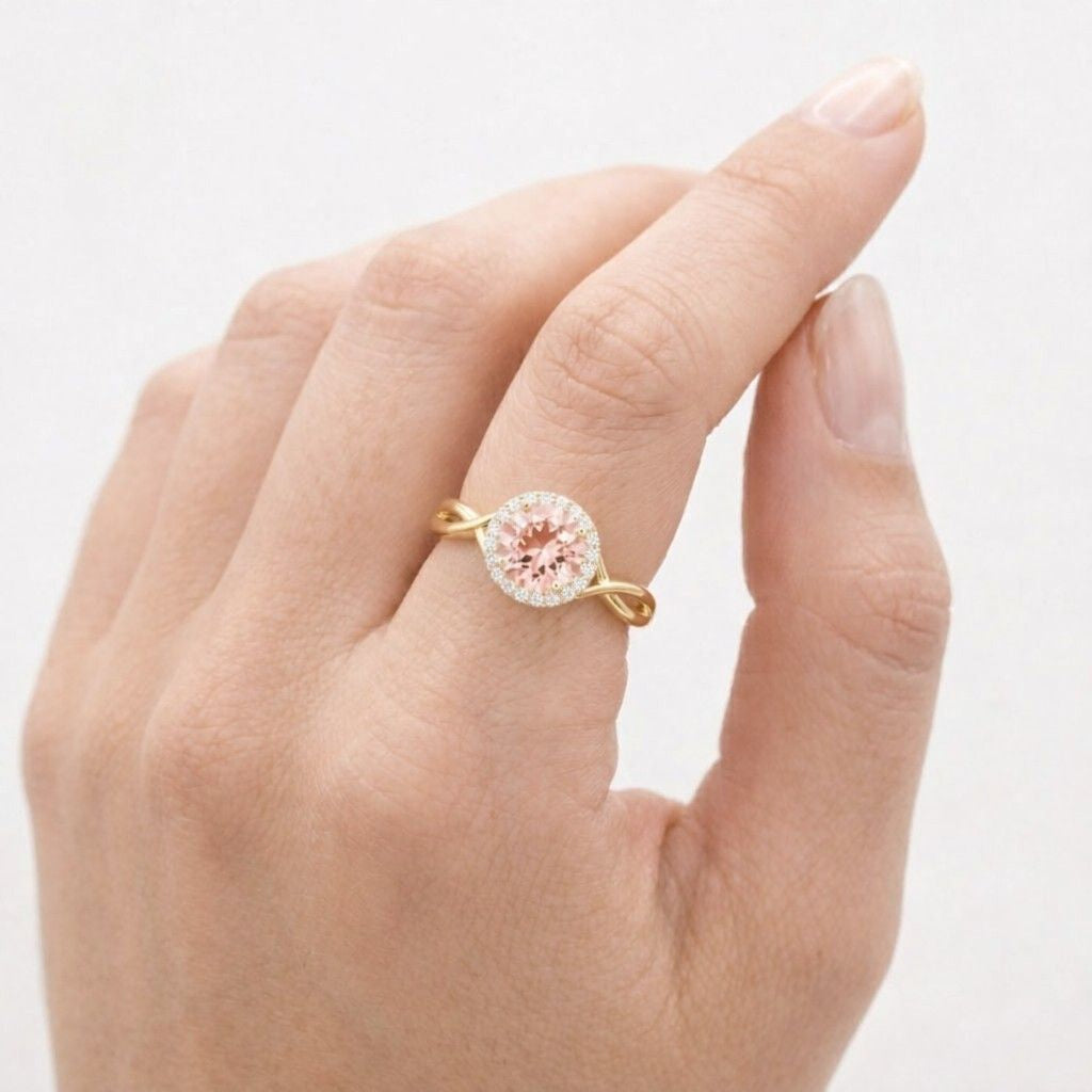 solid gold round cut lab pink sapphire engagement ring, half paved floral ring