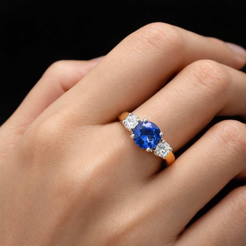 2.00 CT Round Cut Fancy Vivid Blue Lab Diamond Three Stone Engagement Ring, Pear Side Stones, Three Stone Wedding Ring for Her